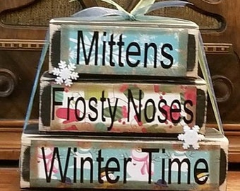 Winter Sign, Winter Decor, Winter Word Stacker, Mittens, Frosty Noses, Winter Time, 4.5" tall x 5.5" wide, Tiered Tray Decor