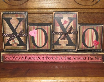 Valentines Day Decor, Valentine Blocks, Valentines Day Sign, Valentines Day Gift, XOXO-Love You A Bushel and A Peck and Hug Around The Neck