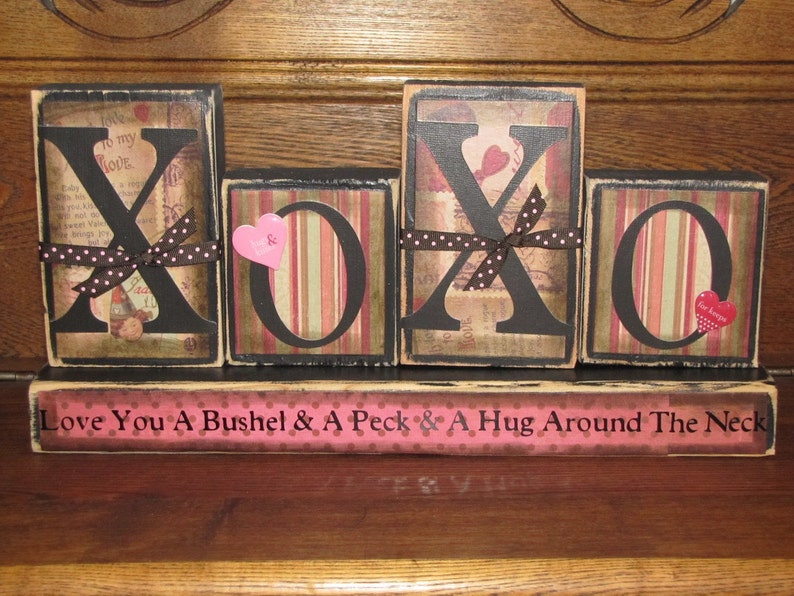 Valentines Day Decor, Valentine Blocks, Valentines Day Sign, Valentines Day Gift, XOXO-Love You A Bushel and A Peck and Hug Around The Neck image 1