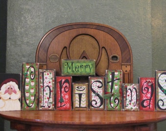 Christmas Decor, Christmas Sign, Merry Christmas Sign, Winter Decor,  Word Blocks - Merry Christmas with Handpainted Santa