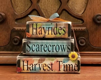 Scarecrows, Hayrides, Harvest Time Stacker Fall Sign, Fall Decor, 4.5" tall x 5.5" wide, Tiered Tray Decor
