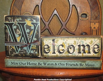 Customized Welcome Sign - Wedding and  House Warming Word Blocks - May Our Home Be Warm & Our Friends Be Many