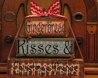 Christmas Decor, Christmas  Sign, Christmas blocks, Gingerbread Kisses and Christmas Wishes,  Word Blocks Sign