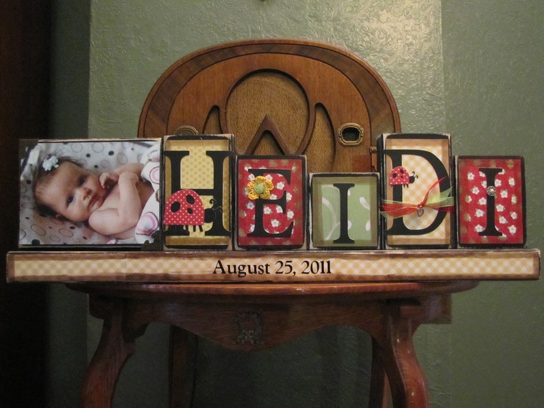 Girl's Personalized and Customized Name Word Blocks with PIcture Great for Baby Shower Gifts girls name sign personalized image 2