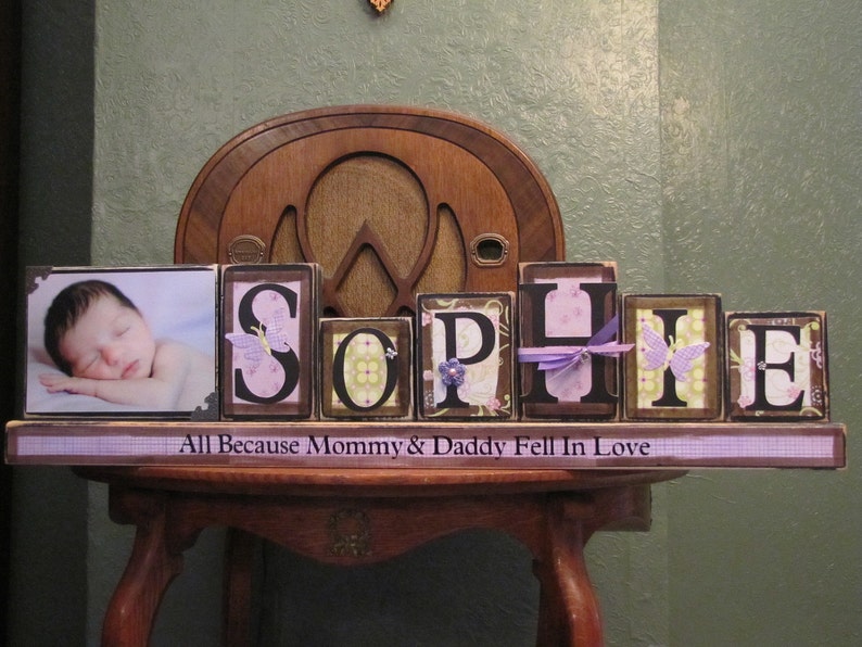 Girl's Personalized and Customized Name Word Blocks with PIcture Great for Baby Shower Gifts girls name sign personalized image 1