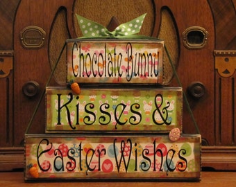 Easter Sign, Easter Decor, Easter Blocks, Spring Decor, Spring Sign, Spring Blocks, Chocolate Bunny Kisses Large Stacker