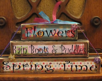 Spring Decor, Spring Sign, Easter Sign, Easter Decor, Spring Blocks,  Flowers, Rainboots and Puddles, Spring Time Large Stacker