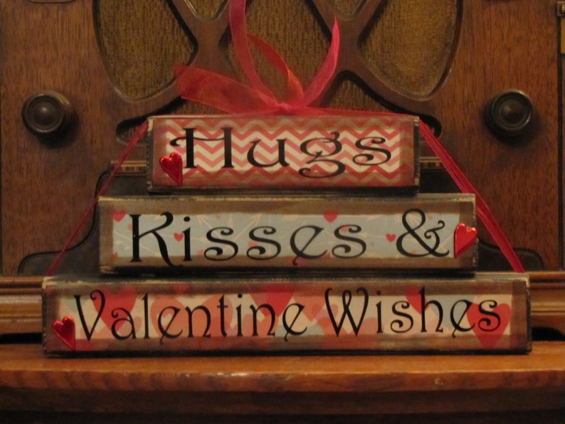 Valentines Day Decor, Valentine Blocks, Valentine Day Sign, Valentines Day Gift, Hugs, Kisses & Valentine Wishes Sign image 1