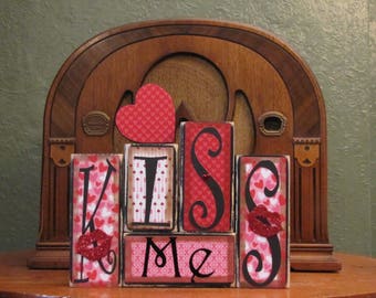 Valentines Day Decor, Valentines Day Sign, Valentines Day Gift,  Valentines Day Decoration, Valentines Day Blocks, Kiss Me Sign