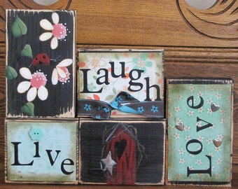 Spring sign, Summer Sign, Live, Laugh, Love Sign  Word Blocks with Flowers and Ladybug