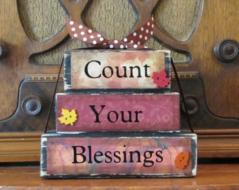 Fall Decor, Fall Sign, Thanksgiving Decor, Thanksgiving Sign, Count Your Blessings Word Block Stacker, Measures 4.5" tall x 5.5" wide,