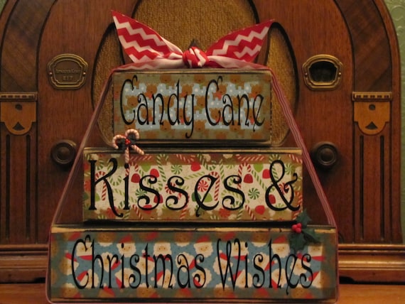 Christmas Decoration, Christmas  Sign, Christmas blocks, Candy Cane Kisses and Christmas Wishes, Christmas Decor Word Blocks Sign