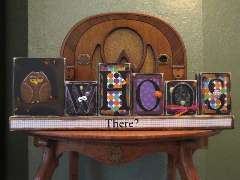 Whoo's There Halloween Decor Word Blocks Sign image 1