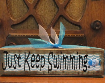 Just Keep Swimming Inspirational Sign Wood Block Decor Encouragement  Little Inspirations Block Sign