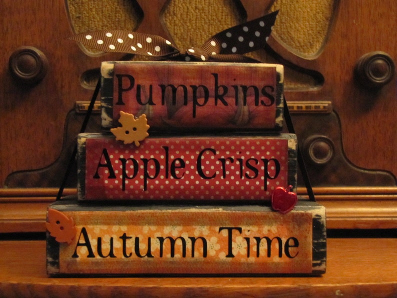 Pumpkins, Apple Crisp, Autumn Time Stacker Fall Sign, Fall Decor, 4.5 tall x 5.5 wide, Tiered Tray Decor image 1