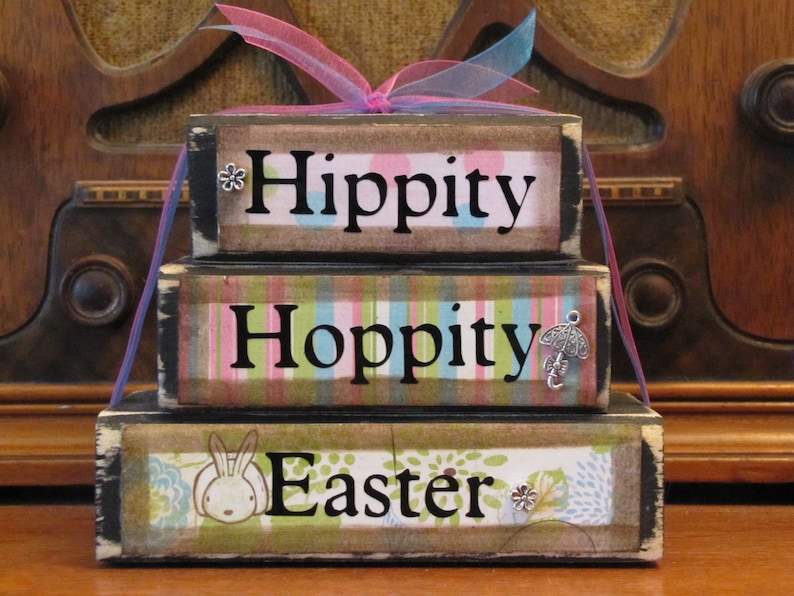 Easter Decor, Easter Sign, Spring Sign, Hippity Hoppity Word Blocks Stacker image 1