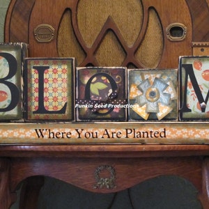 May include: Wooden block letters spelling "BLOOM" with various patterned paper and embellishments. The letters are arranged on a wooden base with the text "Where You Are Planted" in black lettering.