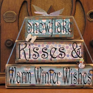 Winter Decor, Winter  Sign, Christmas Sign, Snowman Sign, Winter Decoration, Snowflake Kisses and Winter Wishes,  Word Blocks Sign