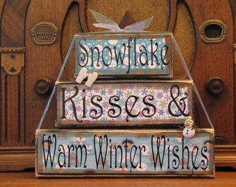 Winter Decor, Winter  Sign, Christmas Sign, Snowman Sign, Winter Decoration, Snowflake Kisses and Winter Wishes,  Word Blocks Sign