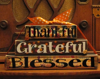 Fall and Thanksgiving Decor Sign - Thankful, Grateful, Blessed, measures 4.5" x 9"