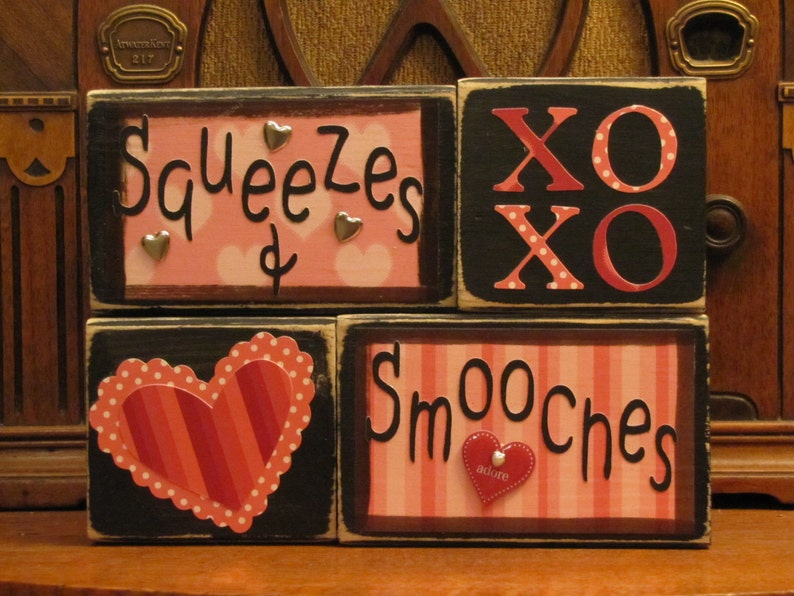 Valentines Day Decor Valentine Decoration Valentine Blocks Valentine Sign Squeezes & Smooches Valentine Sign image 1