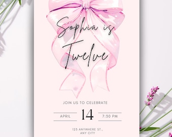 Pink Bow Coquette Birthday Invitation, Girl Birthday Invite, Pink Birthday Party, Canva Editable Template, Instant Digital Download