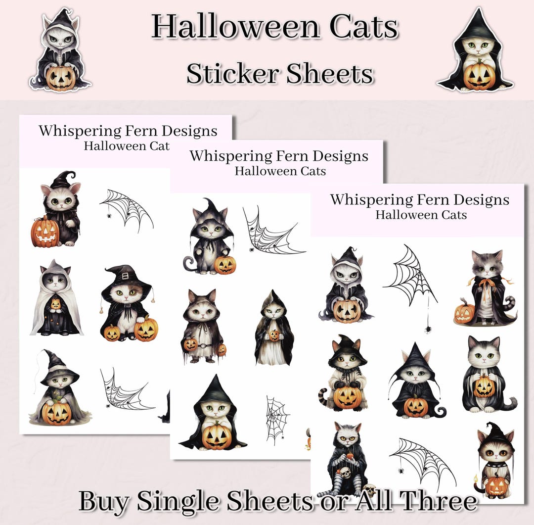 Halloween Cats Sticker Sheets - Witch Kitten Stickers, Spooky Season ...