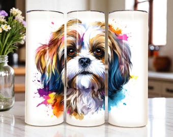 Shih Tzu 20 oz Watercolor Tumbler – Cute Dog Lover Gift, Stainless Steel Insulated Travel Cup with Lid & Straw
