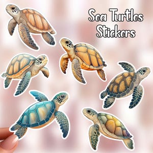 May include: Six colorful sea turtle stickers with a white outline. The stickers feature different colored shells, including green, blue, and orange. The text "Sea Turtles Stickers" is written in black at the top of the image.