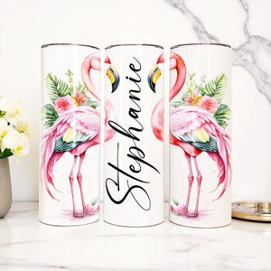 Personalized Flamingo Tumbler – 20 oz Stainless Steel Cup with 2 Flamingos & Custom Name – Tropical Gift, Summer Drinkware, Beach Vibes Cup