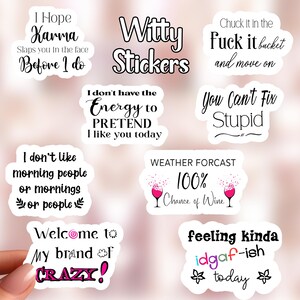 May include: A collection of white stickers with black and colorful text. The stickers feature humorous phrases like "I Hope Karma Slaps you in the face Before I do" and "You Can't Fix Stupid". The stickers are perfect for laptops, water bottles, or notebooks.