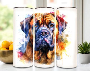 Mastiff 20 oz Watercolor Tumbler – Dog Lover Gift, Stainless Steel Insulated Travel Cup with Lid & Straw