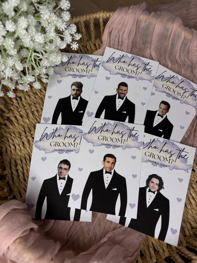 May include: A collection of rectangular game cards featuring the text Who has the GROOM? Scratch to reveal. Each card displays a different man in a black tuxedo with a bow tie, surrounded by small light purple hearts on a white background.