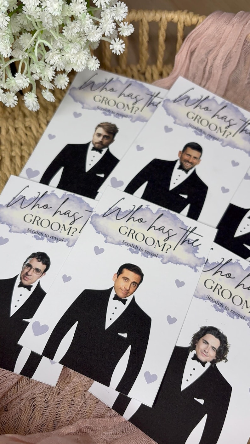 May include: A collection of rectangular game cards titled Who has the GROOM? Scratch to reveal. Each card features a printed illustration of a person wearing a black tuxedo with a white shirt and black bow tie, accented by small light purple hearts.