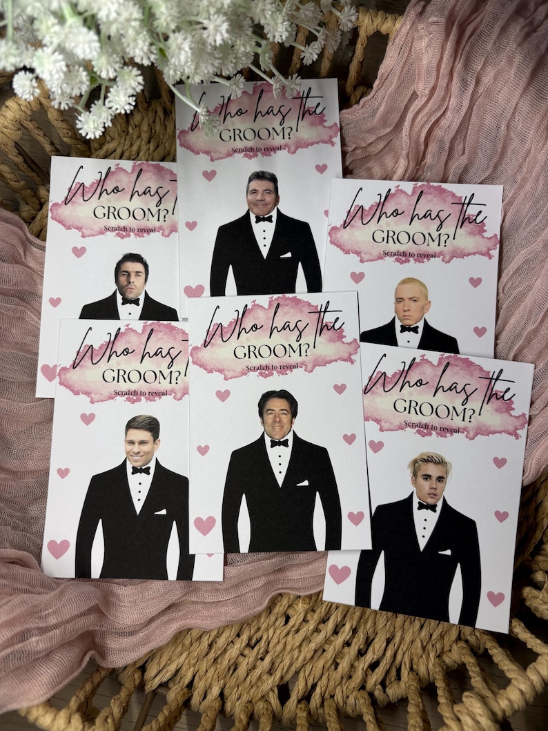 May include: A collection of rectangular scratch-off game cards featuring the text Who has the GROOM? Scratch to reveal. Each card displays a different male celebrity wearing a black tuxedo and bow tie, accented by pink watercolour and heart graphics.