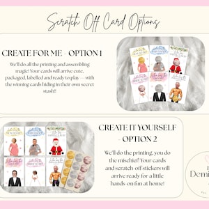 May include: A digital flyer titled Scratch Off Card Options featuring two purchase choices. Option 1 shows six pre-assembled cards with scratch-off circles. Option 2 displays six cards and a sheet of circular scratch-off stickers. Includes By Demi Louise logo.