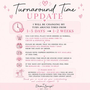 May include: Pink and white graphic with the text "Turnaround Time UPDATE". The text explains changes to order processing times, from 1-5 days to 1-2 weeks. Includes a note about express shipping and a vacation period.