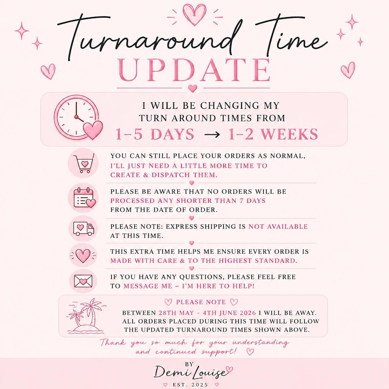 May include: Pink and white graphic with the text "Turnaround Time UPDATE". The text explains changes to order processing times, from 1-5 days to 1-2 weeks. Includes a note about express shipping and a vacation period.