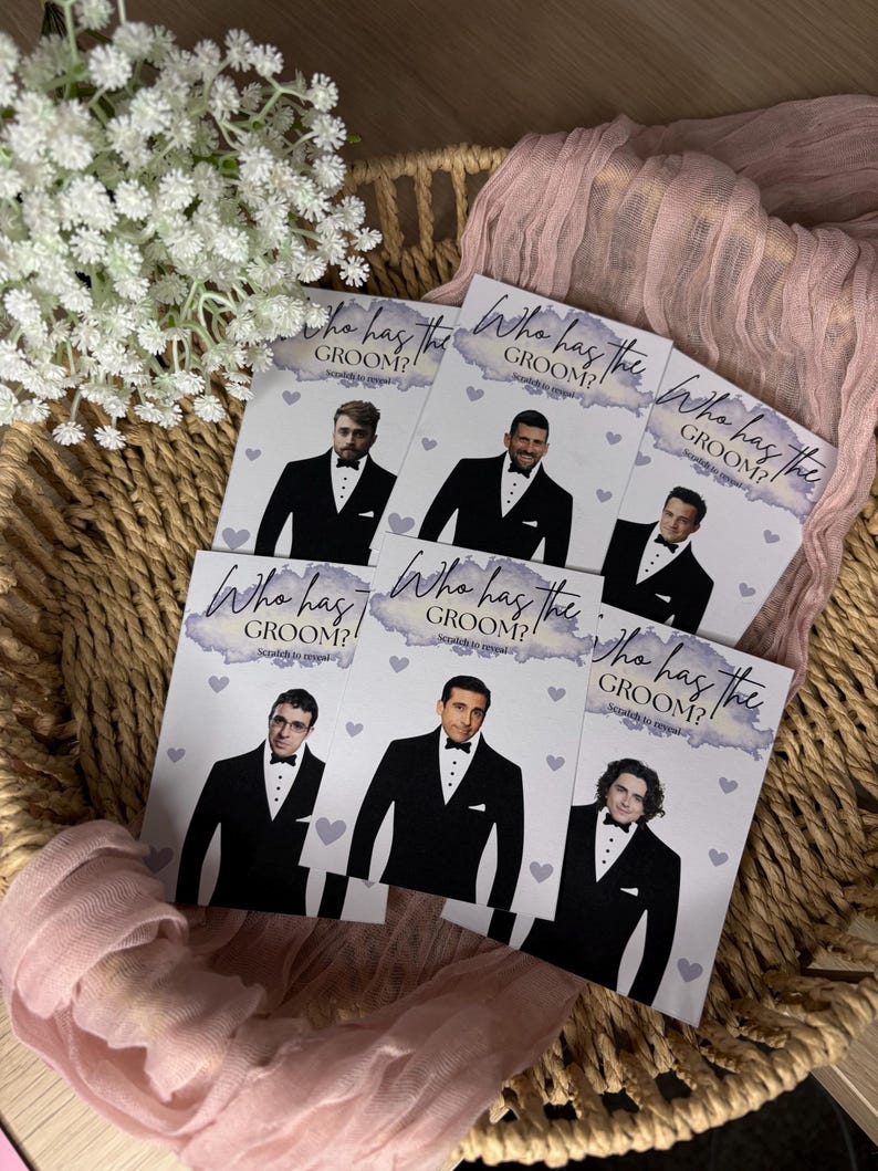 May include: A set of rectangular game cards featuring the text Who has the Groom? Scratch to reveal. Each card displays a different man in a black tuxedo and bow tie, accented with small light purple hearts and a watercolour-style purple header.