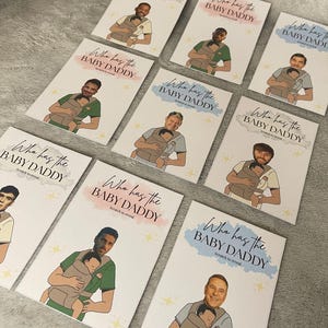 May include: A collection of rectangular cards with illustrations of men holding babies in carriers. Each card has the text "Who has the BABY DADDY" and "Scratch to reveal" in various colors, including pink and blue.