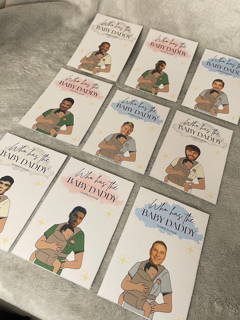 May include: A collection of rectangular cards with illustrations of men holding babies in carriers. Each card has the text "Who has the BABY DADDY" and "Scratch to reveal" in various colors, including pink and blue.