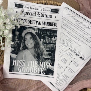 Può includere: Una carta stampata in stile giornale intitolata The Hen Party Times Special Edition con i titoli LOTTIE'S GETTING MARRIED! e KISS THE MISS GOODBYE! che mostra una foto in bianco e nero di una persona con velo e fascia.