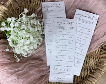 Boletos de apuestas personalizados para bodas, juego para romper el hielo en la recepción, tarjeta de predicciones para invitados.