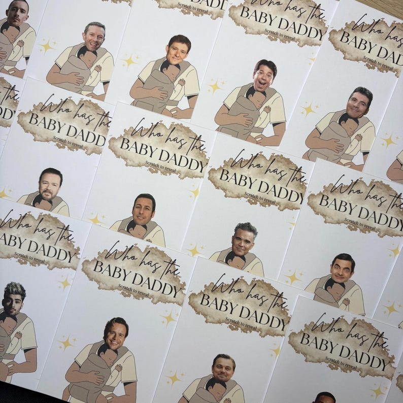 May include: Cards with illustrations of various celebrities holding babies in carriers. Each card has the text "Who has the BABY DADDY" with a scratch-off area. The cards are white with a brown and gold design.