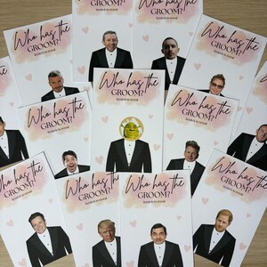 May include: A collection of rectangular scratch-off game cards titled Who has the GROOM? Scratch to reveal. Each card features a printed illustration of a person in a black tuxedo and white shirt, with one card displaying a Shrek character head.