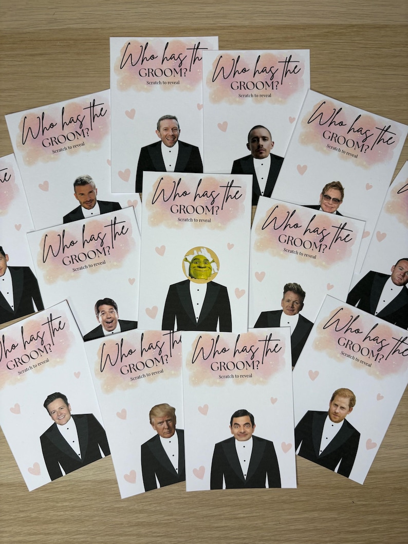 May include: A collection of rectangular scratch-off game cards titled Who has the GROOM? Scratch to reveal. Each card features a printed illustration of a person in a black tuxedo and white shirt, with one card displaying a Shrek character head.
