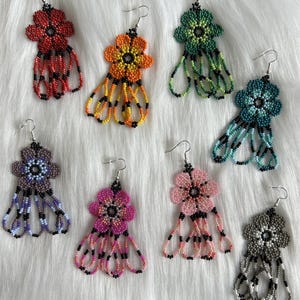 Handmade Beaded Huichol Earrings, Mexican Earrings, Flower Beaded Earrings