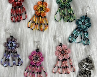 Handmade Beaded Huichol Earrings, Mexican Earrings, Flower Beaded Earrings