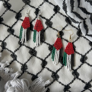 Beaded Palestine Earrings, Handmade Beaded Earrings, Fringe Earrings