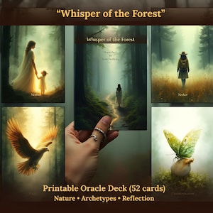 Può includere: Un set di carte artistiche intitolato "Whisper of the Forest". Le carte presentano illustrazioni di scene naturali, tra cui una donna e un bambino, una persona in una foresta e una farfalla. Il testo "Printable Oracle Deck (52 carte)" è visibile.